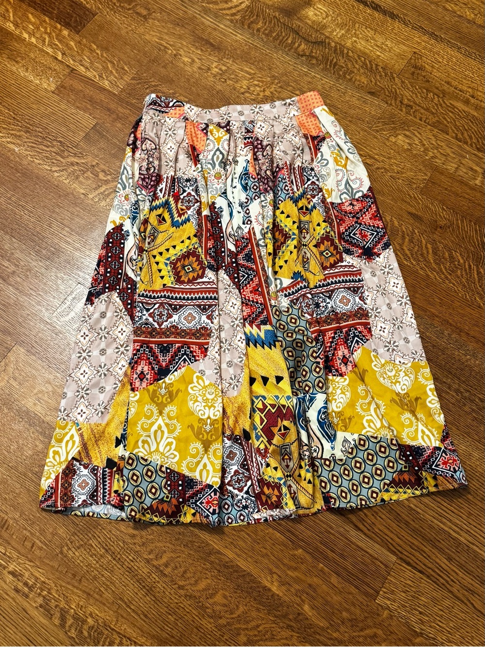 Bohemian Patchwork Midi Skirt in Yellow and Red. Size Large. Zipper Closure. EUC